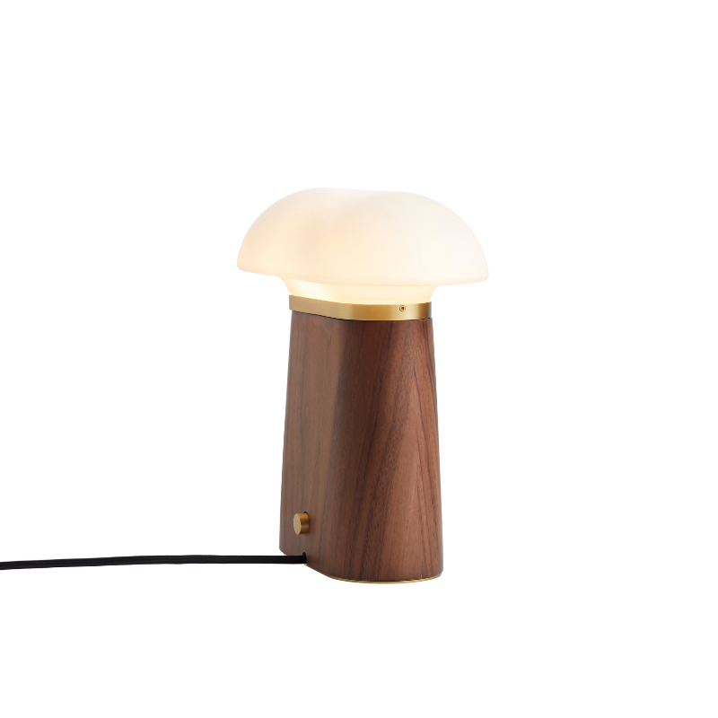 The Nova Table Lamp by Woud in walnut from a side view.