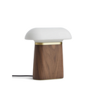 The Nova Table Lamp by Woud in walnut with an opal glass shade.