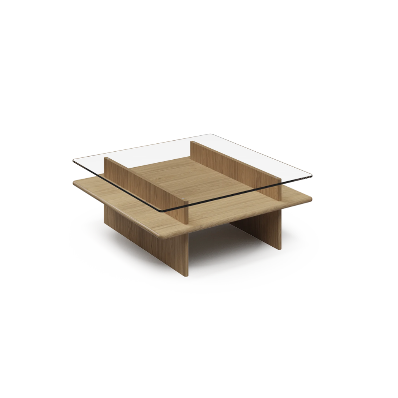 The square Parallel Coffee Table from Woud made with oak and a glass top.